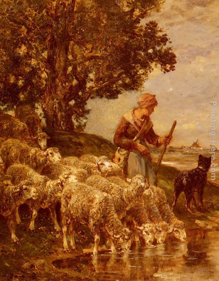 Charles Emile Jacque A Shepherdess Watering Her Flock